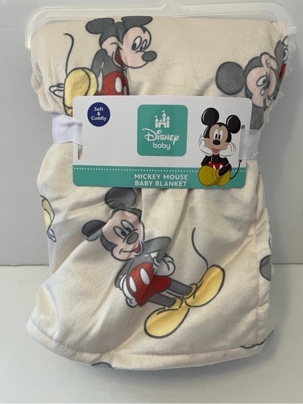 Disney Baby Beige Mickey Mouse Poses Soft & Cuddly Sherpa Style Baby Blanket